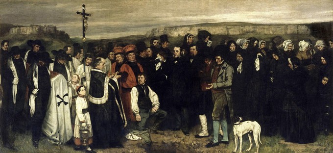 A crowd of priests and people around a grave with the image of a man hanging on a cross in the background