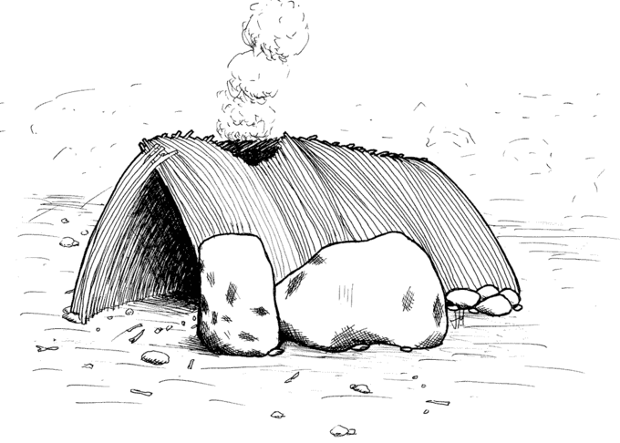 Sketch of a triangle hut with a smoke hole in the roof, seated behind two boulders
