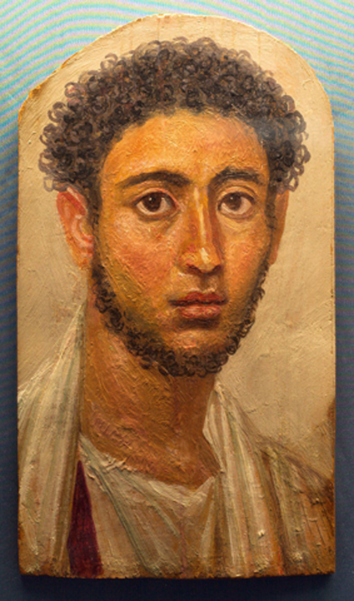 Mummy portrait of a dark Roman man with curly hair and beard