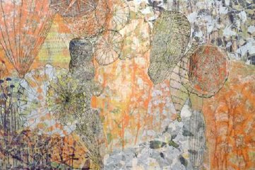 Collage of orange and gray shapes resembling blowing leaves