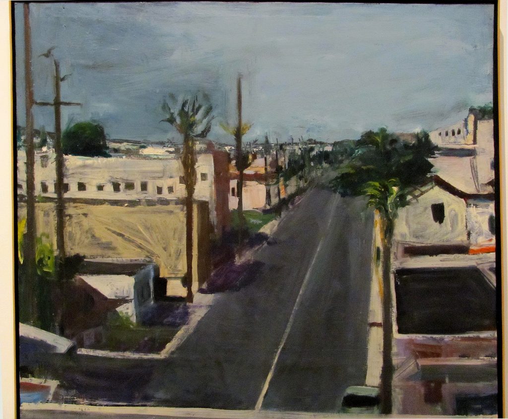 Painting of a street surrounded by square buildings and tall trees