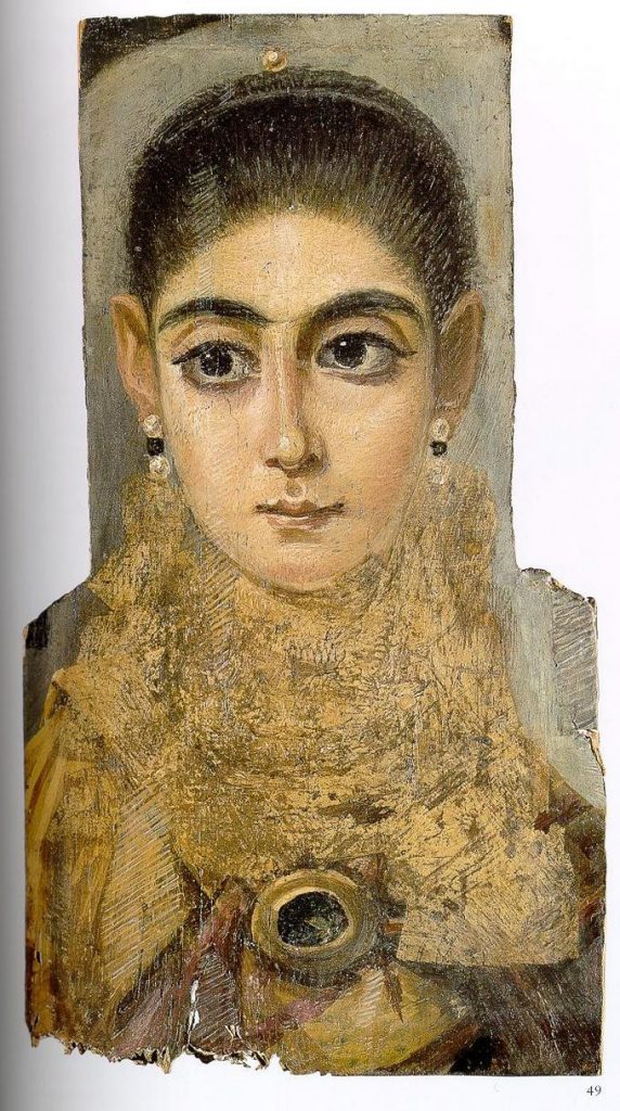 Painting of a woman with large eyes and dark hair wearing earrings