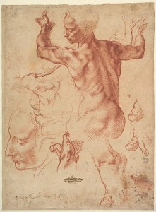 Red chalk of muscular man surrounded by sketches of head, back, toes, and hand