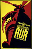 Red, yellow, and black poster of a building and the word RUR