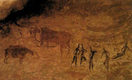 Painting of several people near two large cows on a stone wall