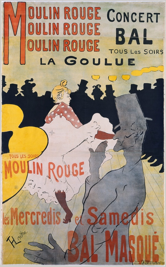 Poster for Moulin Rouge with text near a dancing woman, human figures in the background, and a gray man in the foreground
