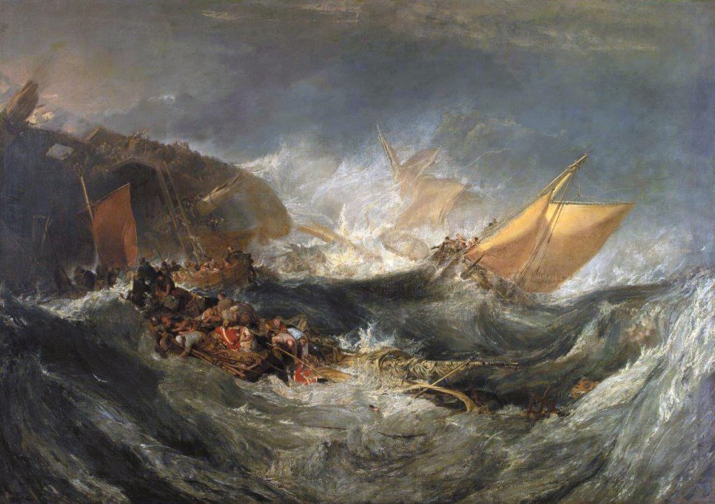 Several ships full of people being thrown by large waves