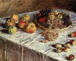 Dish of apples and grapes on a table with fruit surrounding it