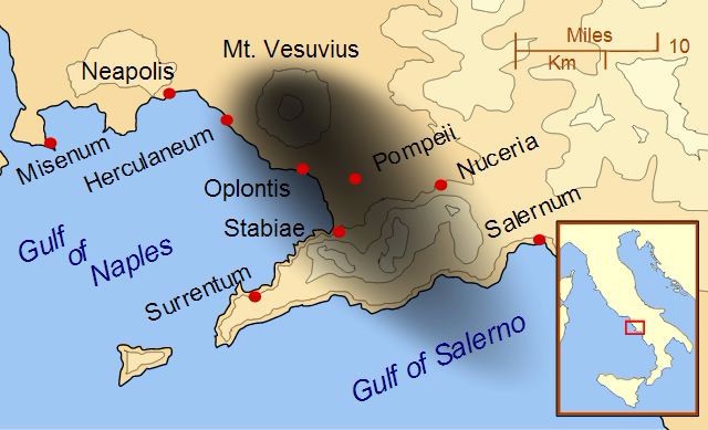 Map of brown land beside blue Gulf of Naples and Gulf of Salerno with a square on Italy and a shadow extending from Mount Vesuvius
