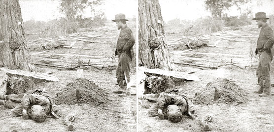 Side by side photos of a man standing over a dead soldier and a fresh grave beside a large tree