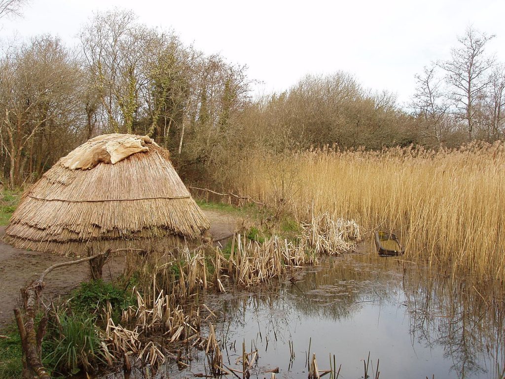 Straw hut beside a still pond banked by tall dying weeds and trees