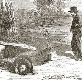 Man looking down at a dead man and a fresh grave beside a tree
