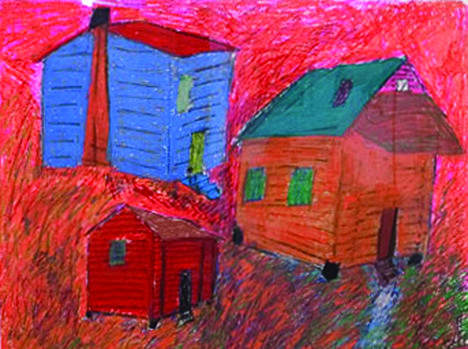 Three shacks in front of a red background, one blue, one red with green windows, one red with black window