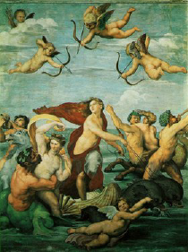 Flying cupids shooting down at groups of mythical god creatures