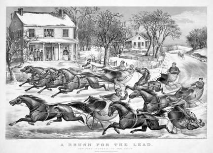 Racing horse-drawn sleds on a snowy road in front of houses