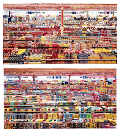 Photos of shelves full of colorful food items