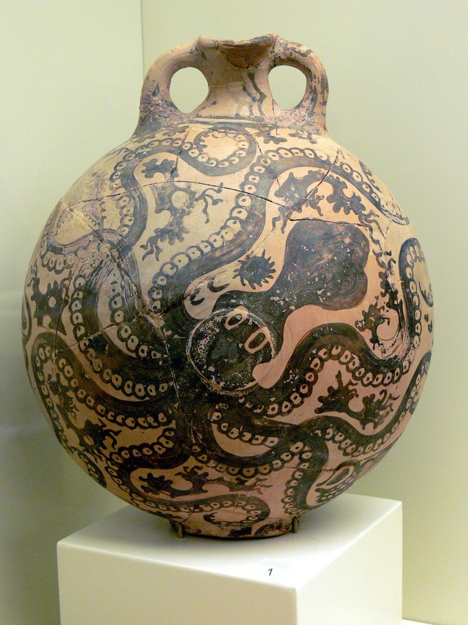 Large round vase painted with black octopus