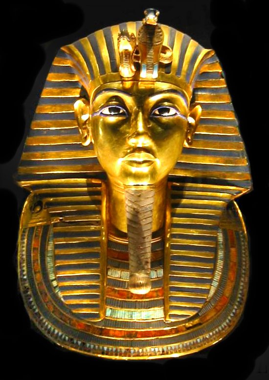 Golden and blue head of an Egyptian with headdress and beard