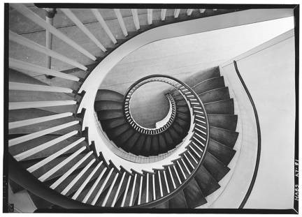 A spiraling staircase in black and white