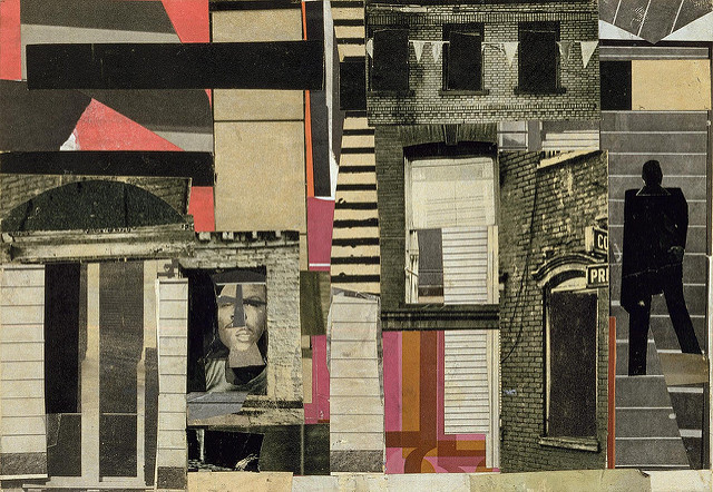 Collage of buildings and windows with a single face in a window and a black shape of a man on a staircase