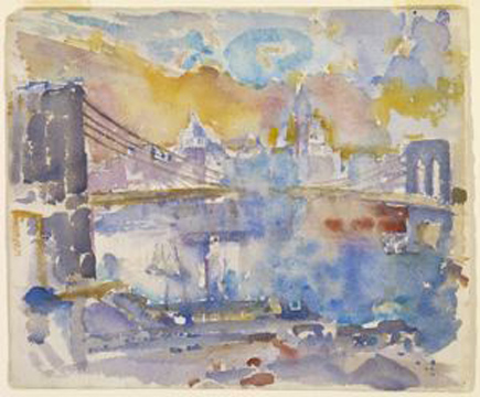 Watercolor painting of a bridge in front of a city and cloudy sunset