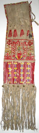 Brown, red, and yellow decorated bag with long fringes