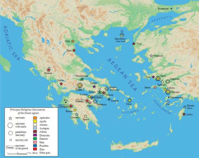 Map with bright blue Aegan sea surrounded by brown and green land of Greece with colored stars marking religious sanctuaries