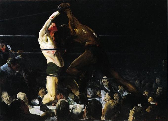 Two men fighting in a boxing ring surrounded by crowds