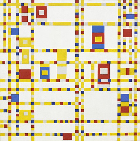 Crisscrossing lines made of blue, red, gray, and yellow squares