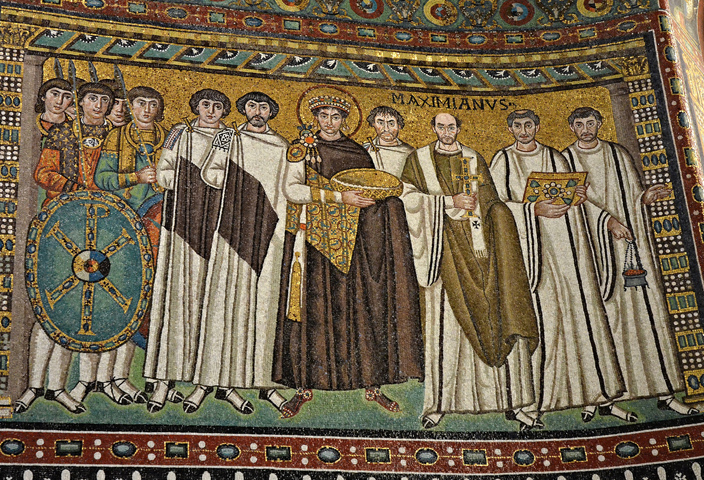 Mosaic of robed men and soldiers around emperor