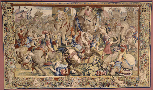 Battle made of men with spears on horses and elephants