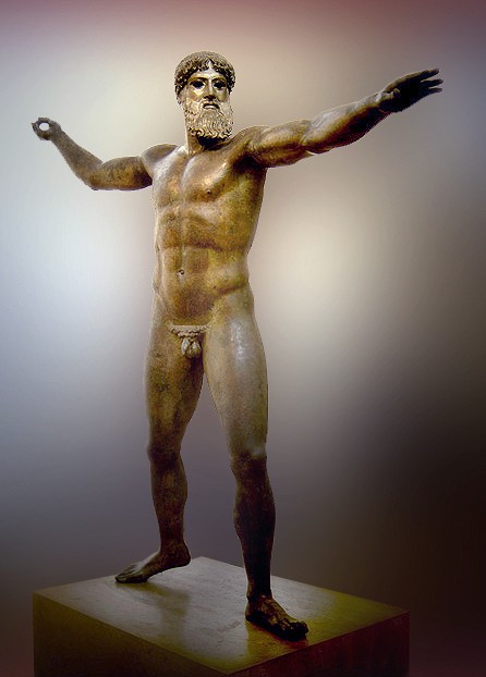 Stone naked man with arms spread wide and a large beard
