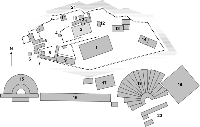 Gray sketch of a city plan with numbered buildings