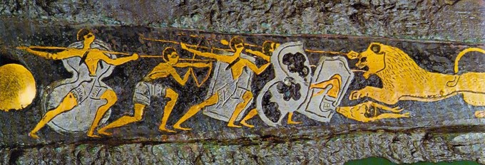 Golden soldiers charging at a lion with large shields and spears