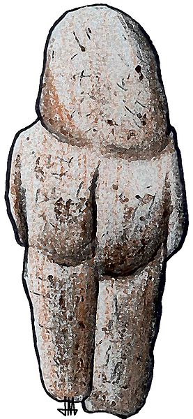 A stone shape representing the legs, front, and head of a woman
