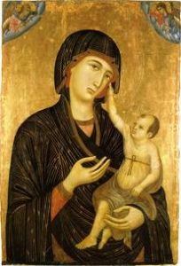 Madonna woman standing and holding a baby who touches her cheek