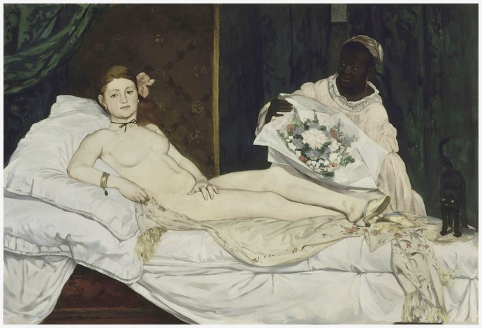 A naked white woman on a bed with a black woman bringing her flowers