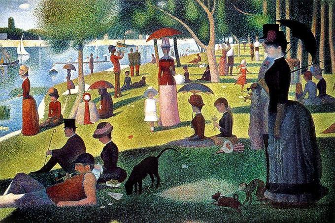 Men, women, children, and dogs gathered on a beach of grass and trees holding parasols