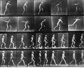 Dark squares with successive images of a man walking, stepping, and finally throwing a disc