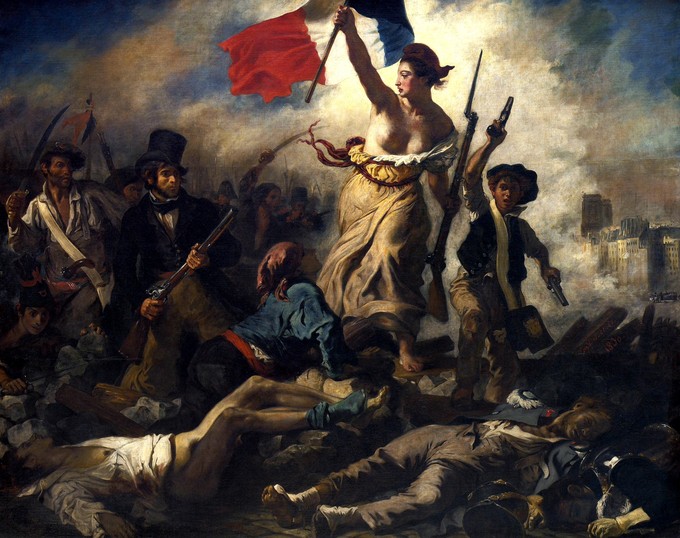 Woman with bared breasts holding the French flag above a group of dead men