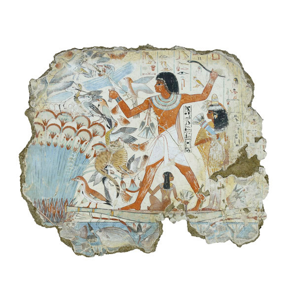 Torn painting of an Egyptian hunter chasing a group of birds with women behind