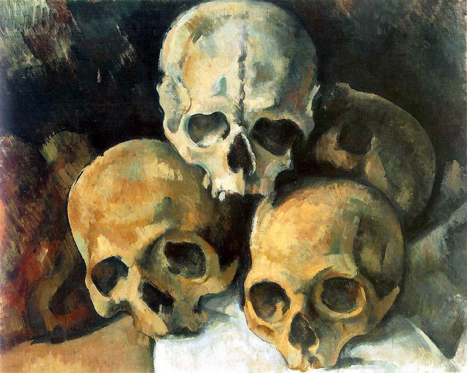 A pile of skulls on a white cloth
