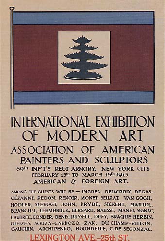 Poster with a red and blue flag with a tree and words announcing guests and details of International Exhibition of Modern Art