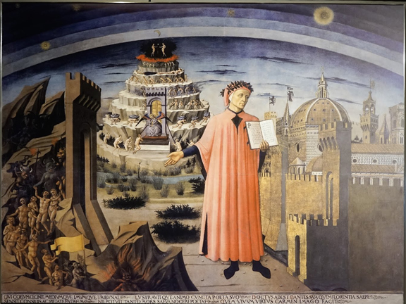 Man in pink robe with a book standing in front of a city and army