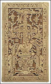 Brown rectangle with carving of shapes surrounding a reclining human figure