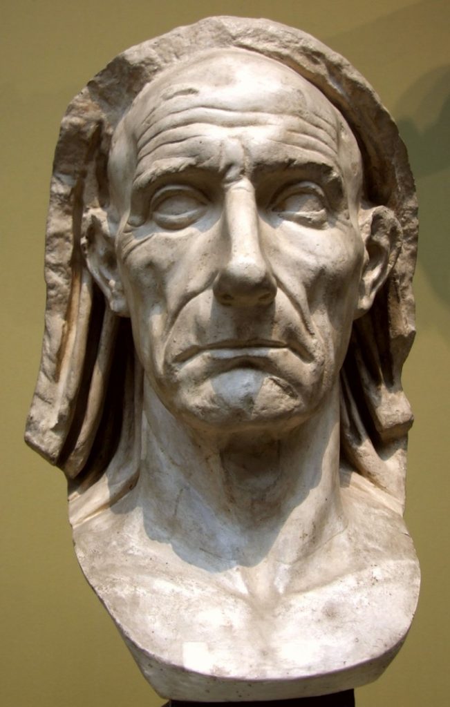 Stone head and neck of an old man with long hair