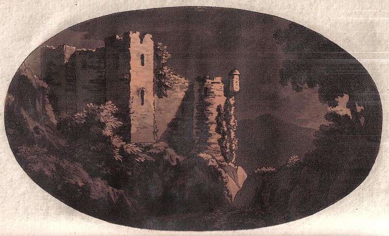Dark scene of a castle on the side of a hill with a tower in front of a mountain