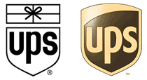 Black and white shield with bow and UPS next to gold and black shield with UPS