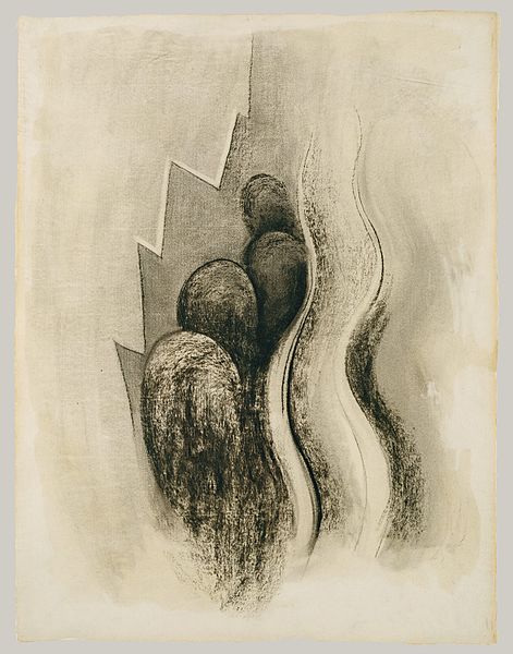 Charcoal abstract of jagged peaks, rounded bulbs, and flowing lines