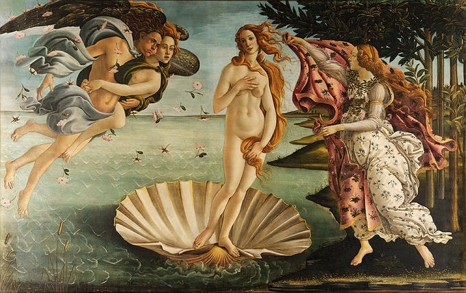 Naked woman standing on a shell in the sea as a couple flies towards her and a woman brings her a blanket